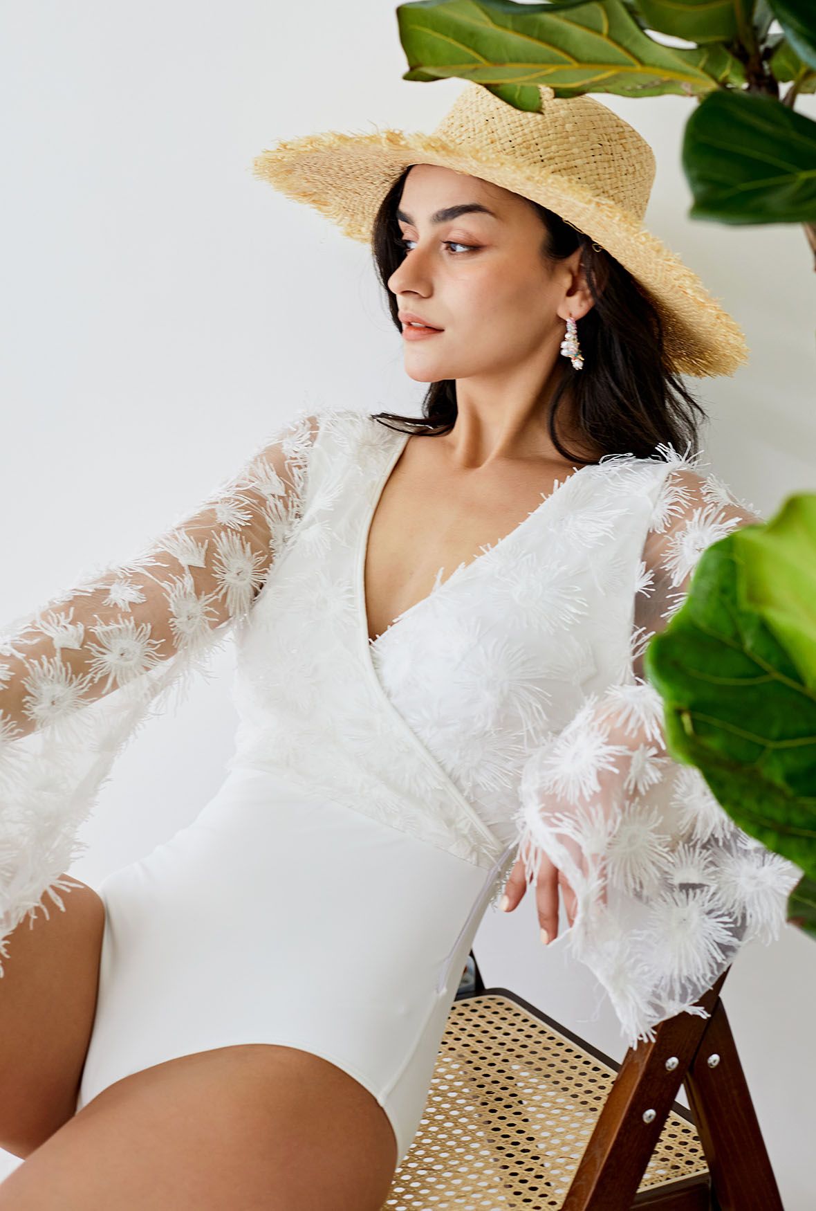 Tassel Floral Sheer Sleeve Swimsuit and Cover Up Set