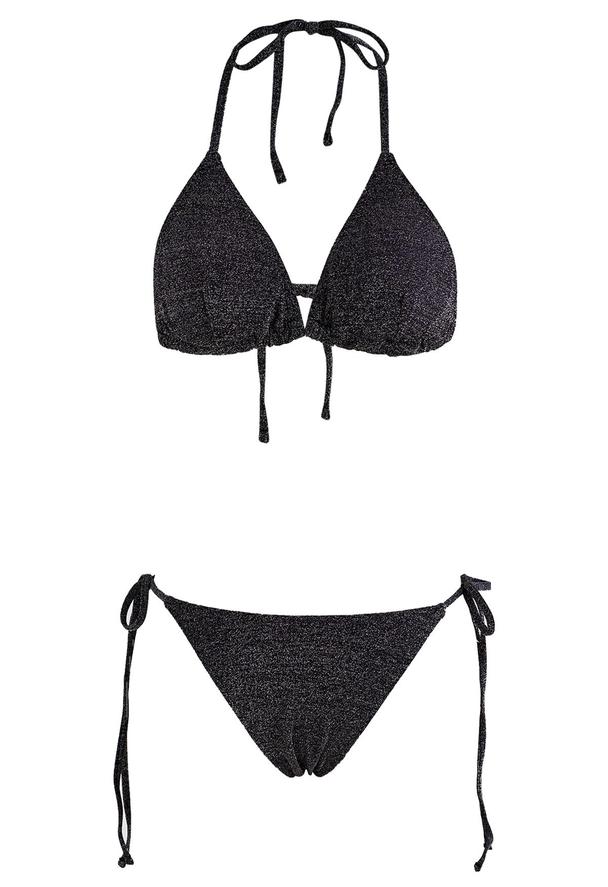 Dazzling Metallic Tie-String Bikini Set in Black