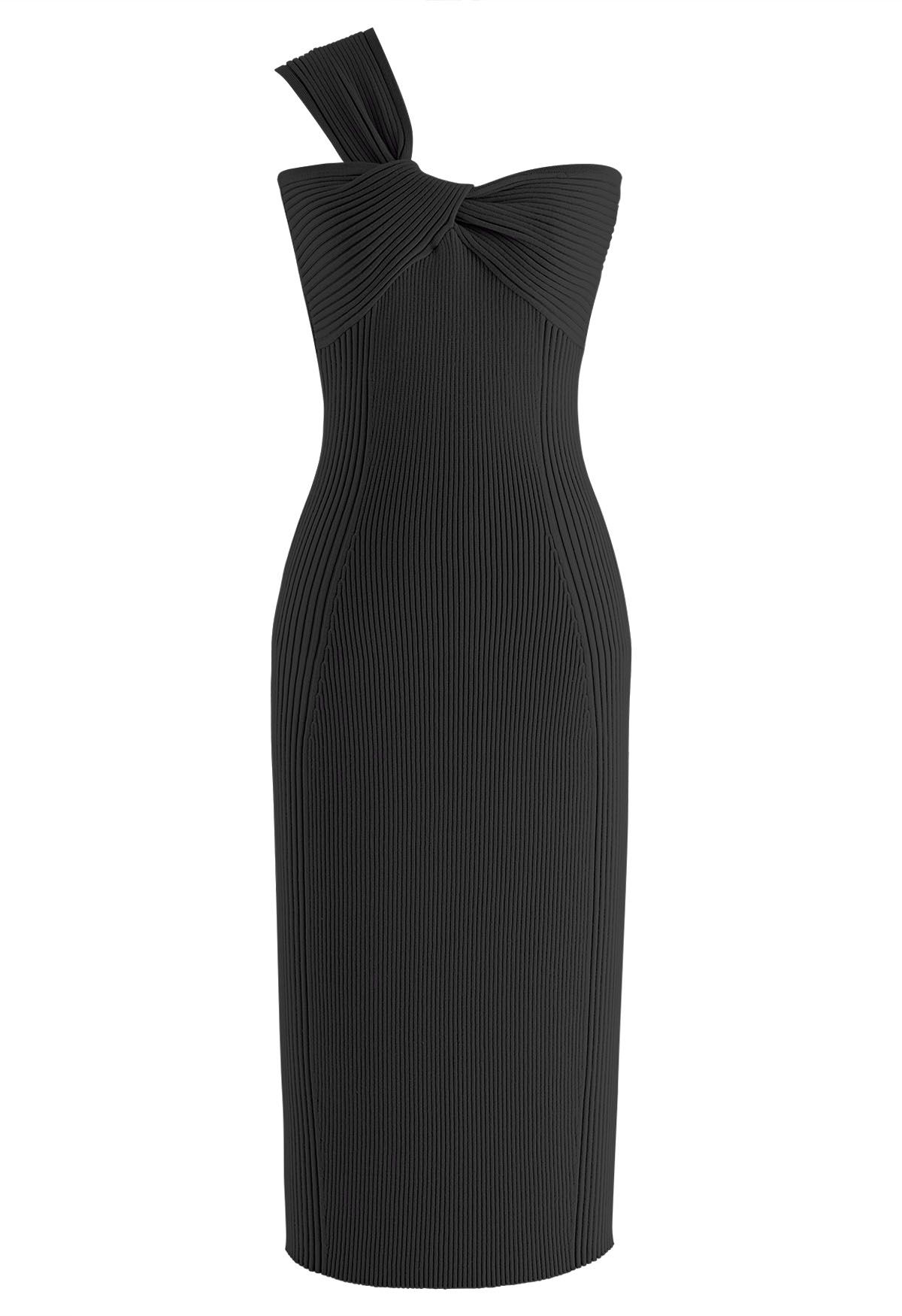 One-Shoulder Knotted Bodycon Knit Dress in Black