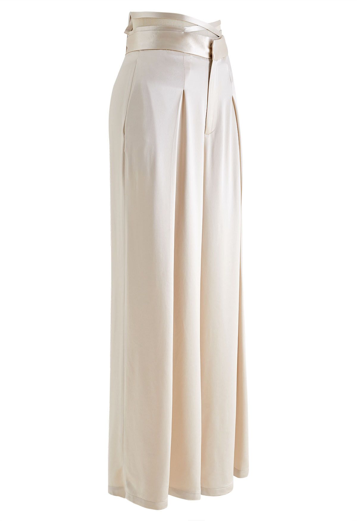 Glossy Crisscross Waist Wide Leg Pants in Champagne