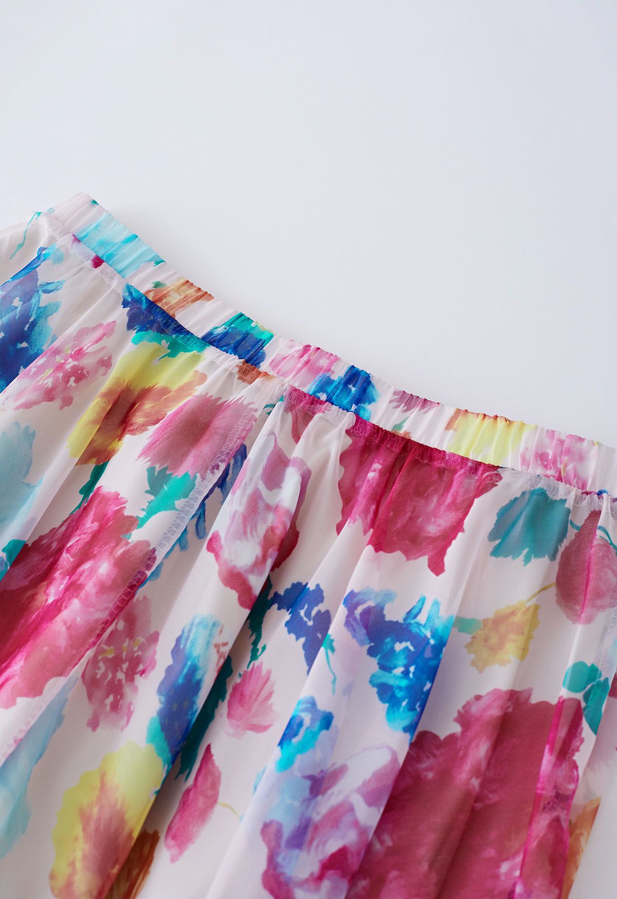 Colorful Blossom Printed Chiffon Maxi Skirt in Pink