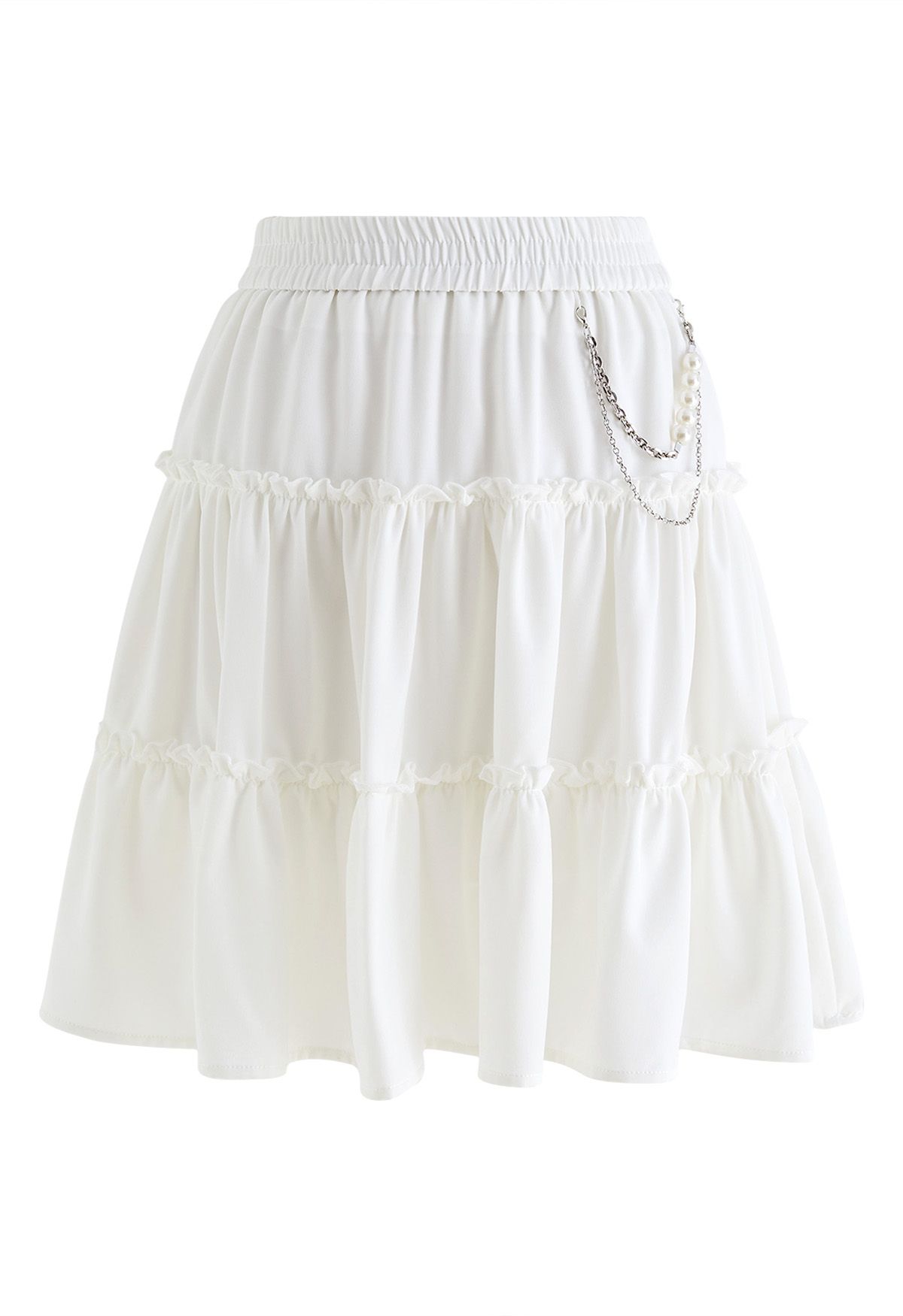 Pearl Chain Ruffle Detail Frilling Skirt in White