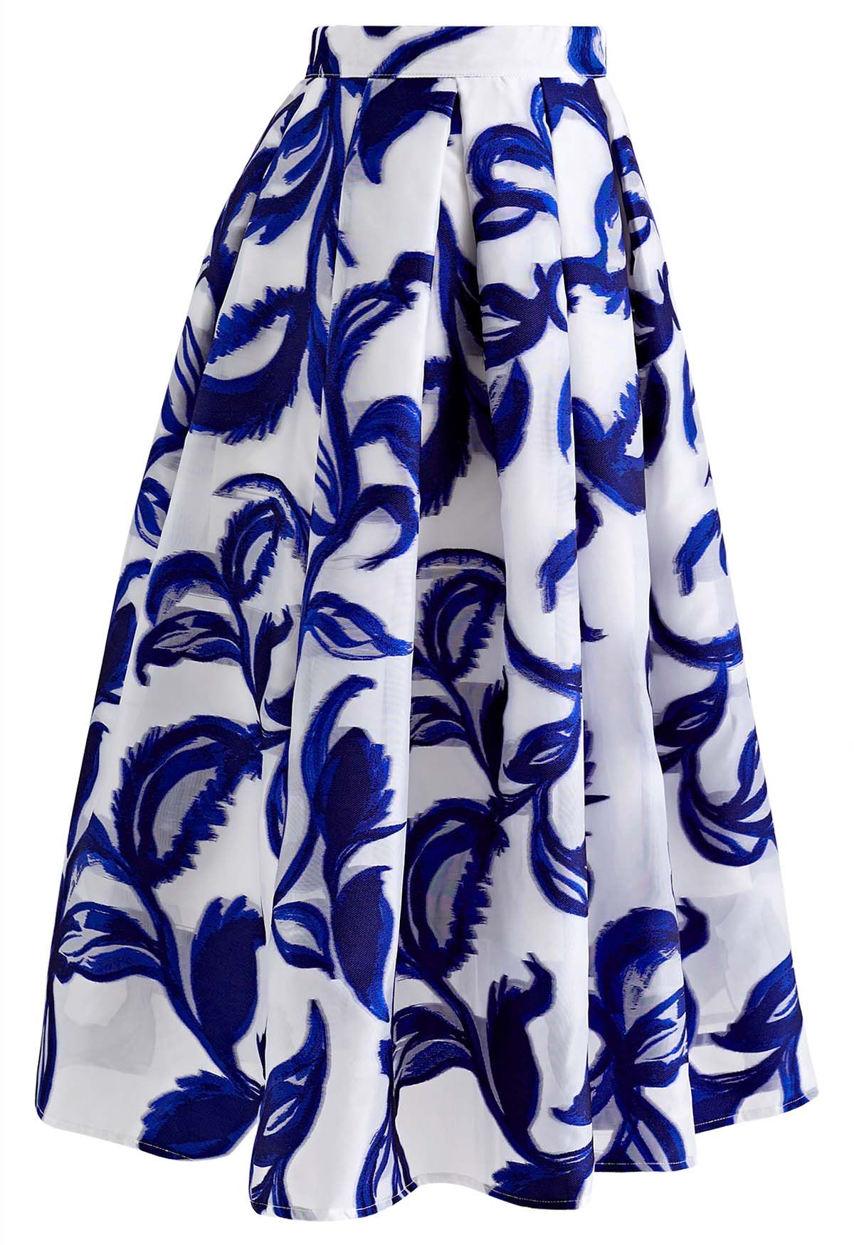 Indigo Vine Jacquard Organza Pleated Midi Skirt