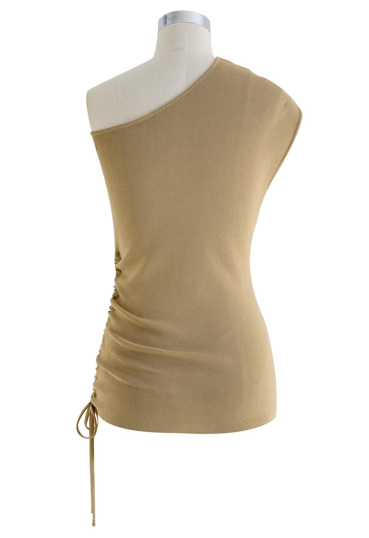 One-Shoulder Side Drawstring Knit Top in Tan