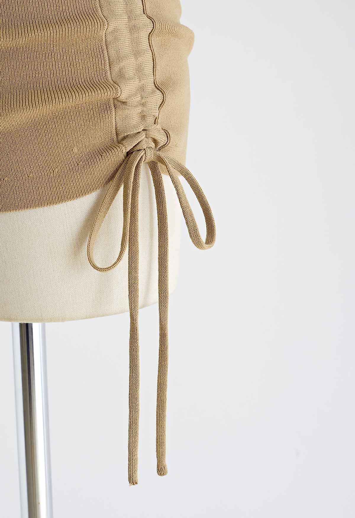 One-Shoulder Side Drawstring Knit Top in Tan