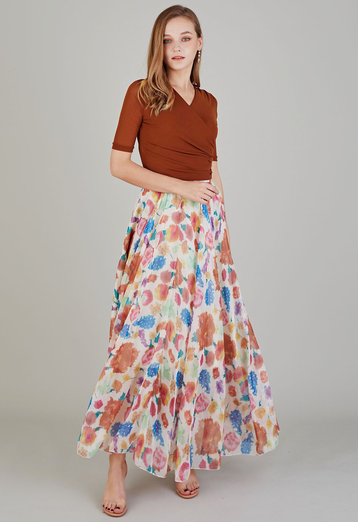 Colorful Blossom Printed Chiffon Maxi Skirt in Light Yellow