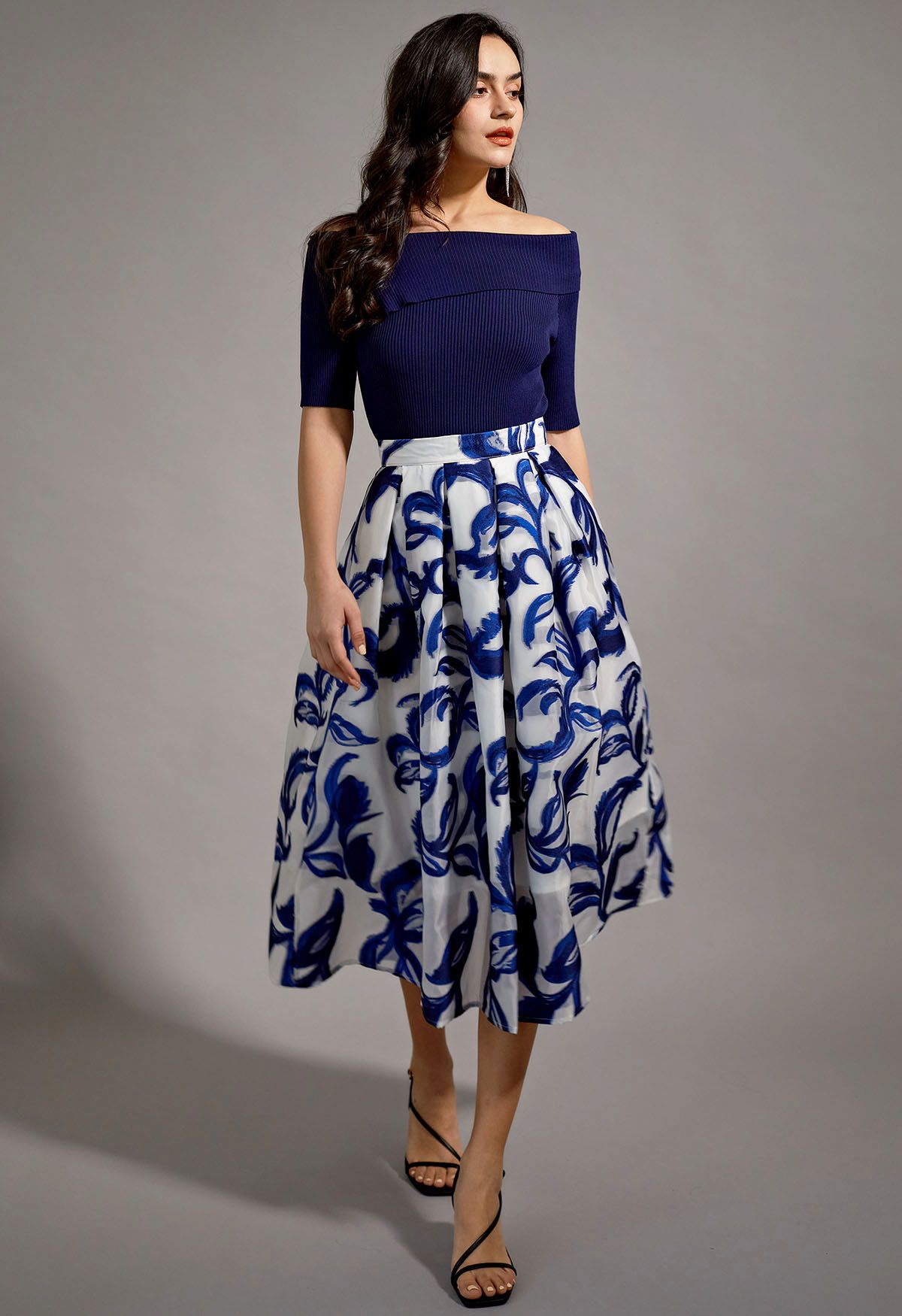 Indigo Vine Jacquard Organza Pleated Midi Skirt