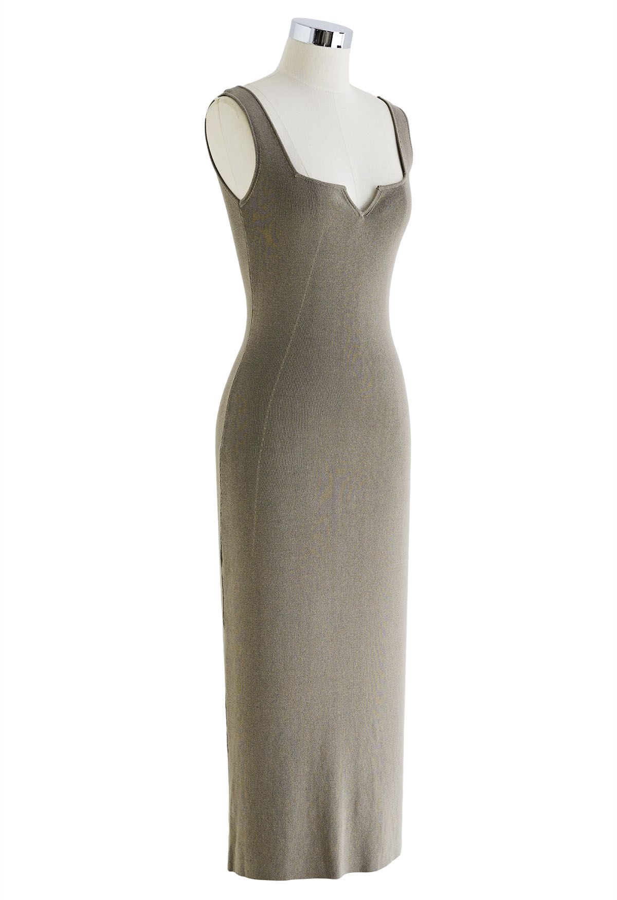 Notch Neckline Bodycon Knit Dress in Taupe