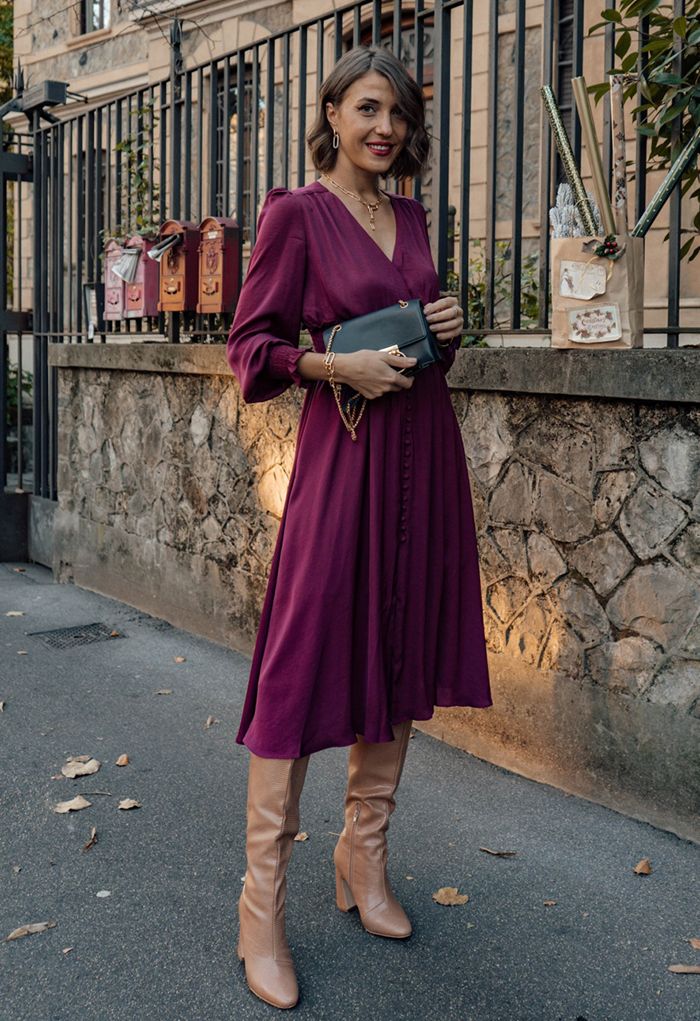 Satin Button Down Wrap Midi Dress in Wine