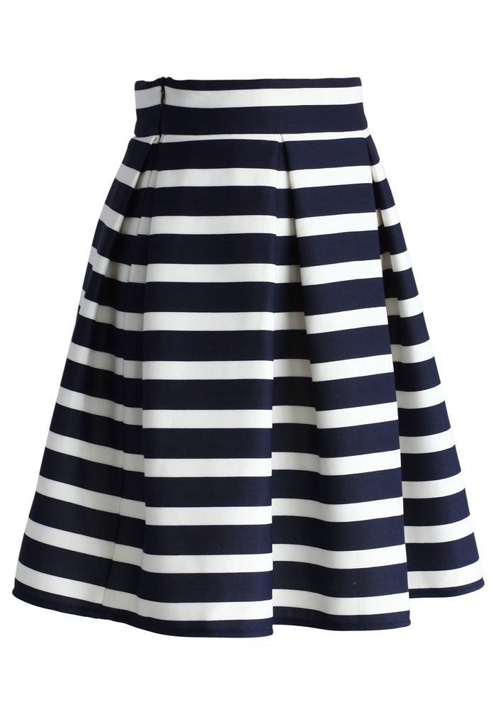 Adorable Stripe Pleated A-Line Midi Skirt