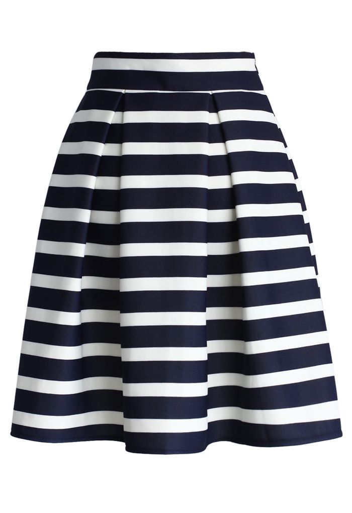 Adorable Stripe Pleated A-Line Midi Skirt