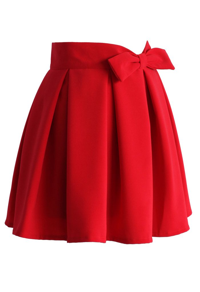 Sweet Your Heart Bowknot Pleated Skirt in Ruby