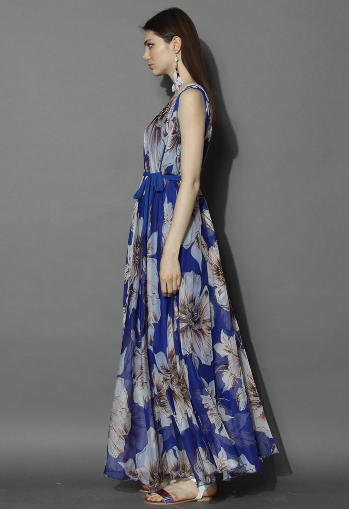 Marvelous Floral Chiffon Maxi Dress in Blue