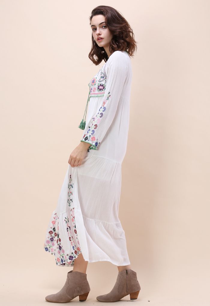 White Flowerland Embroidered Maxi Dress