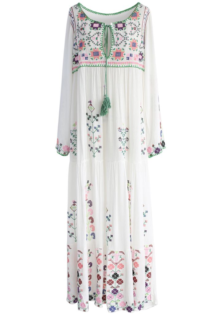 White Flowerland Embroidered Maxi Dress