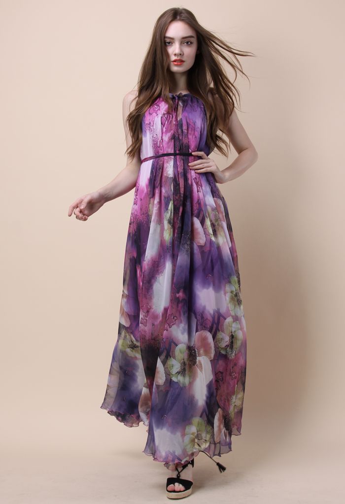 Mysterious Purple Floral Maxi Slip Dress 