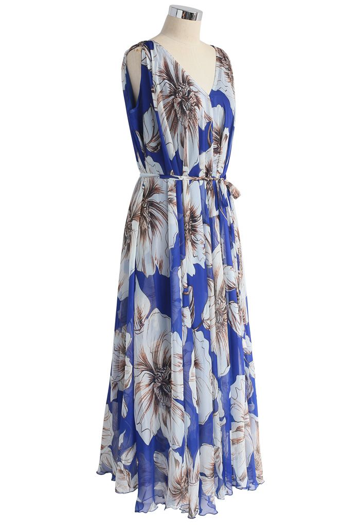 Marvelous Floral Chiffon Maxi Dress in Blue