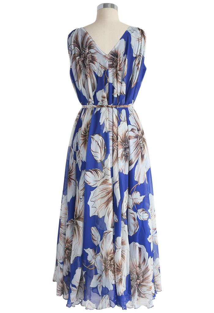 Marvelous Floral Chiffon Maxi Dress in Blue