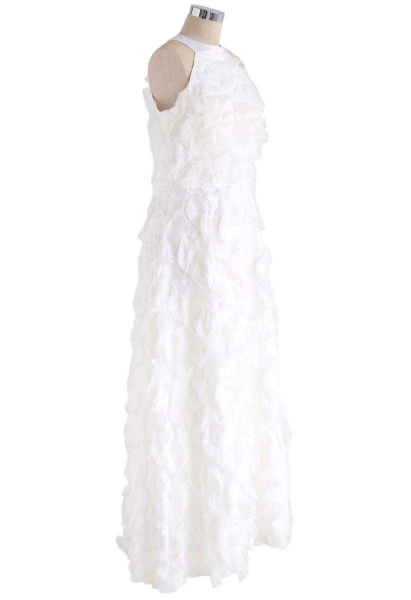 Dancing Feathers Tassel Halter Neck Maxi Dress in White