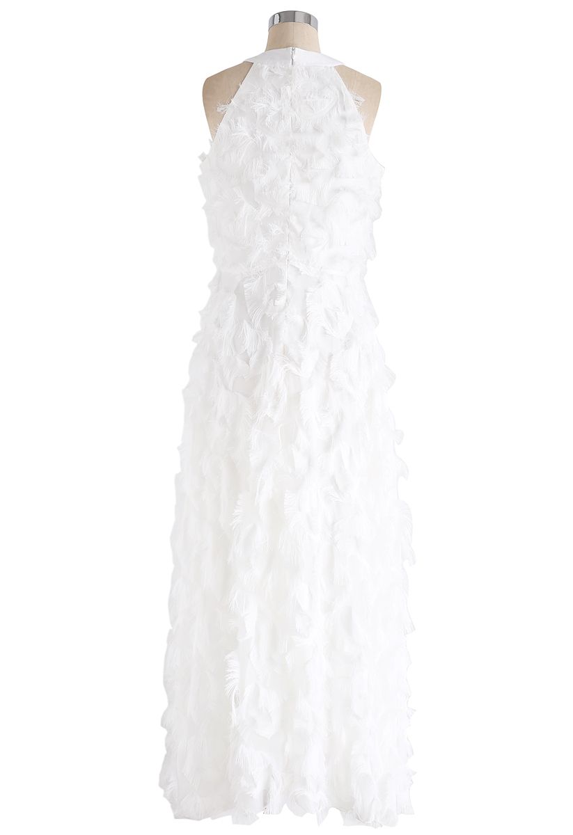 Dancing Feathers Tassel Halter Neck Maxi Dress in White