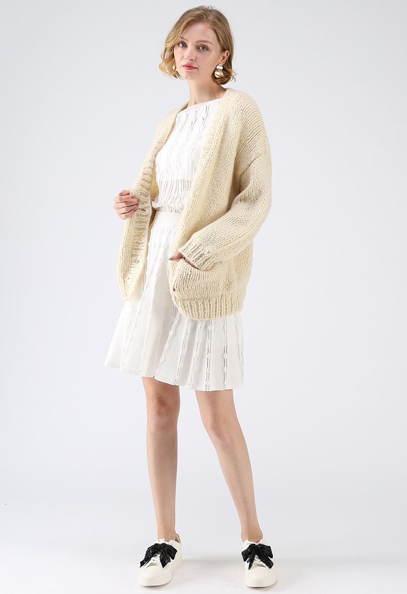 Pause for the Cozy Chunky Hand Knit Cardigan in Cream