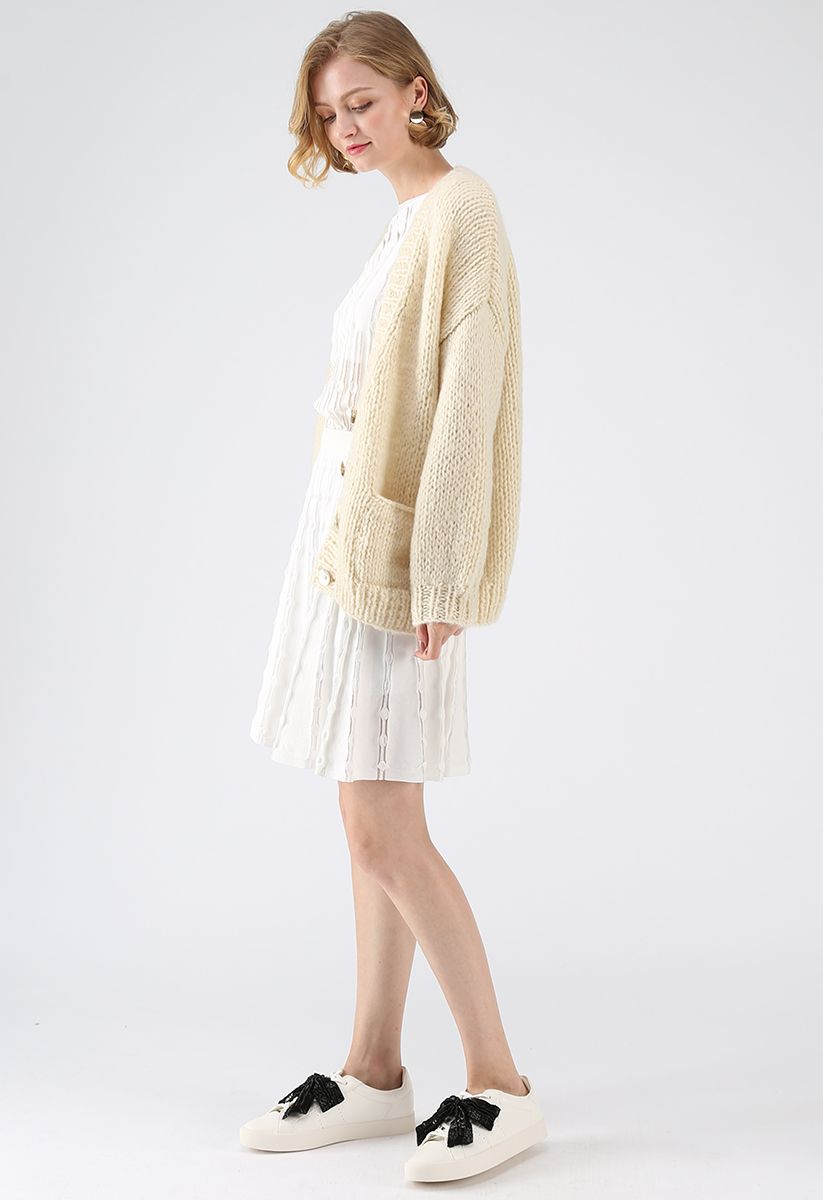 Pause for the Cozy Chunky Hand Knit Cardigan in Cream