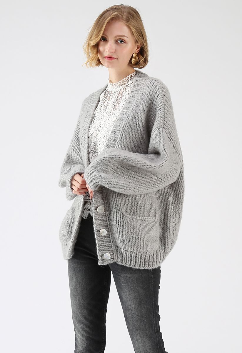 Pause for the Cozy Chunky Hand Knit Cardigan in Grey