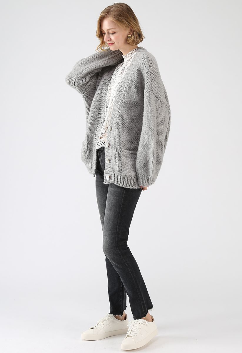 Pause for the Cozy Chunky Hand Knit Cardigan in Grey