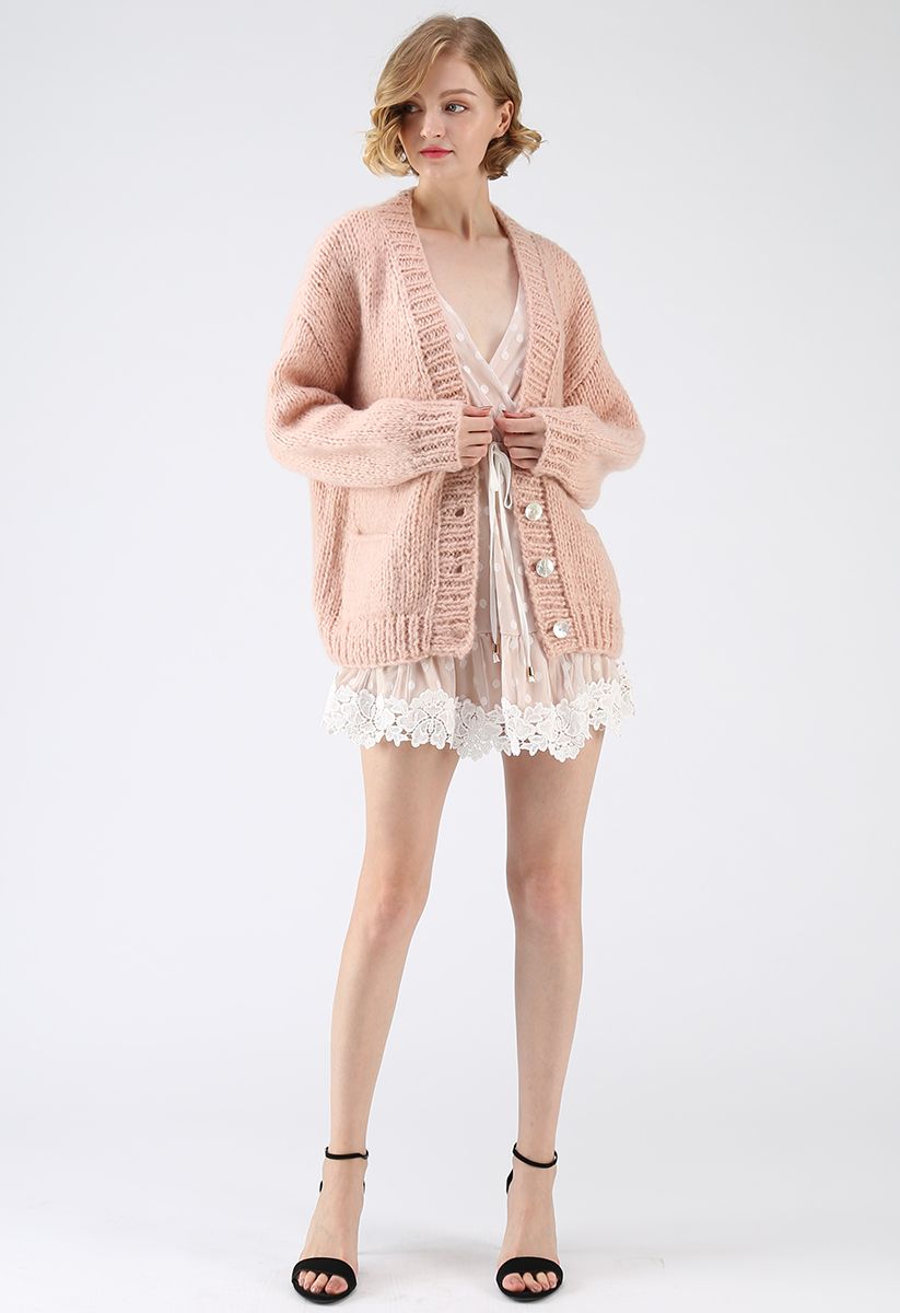 Pause for the Cozy Chunky Hand Knit Cardigan in Pink