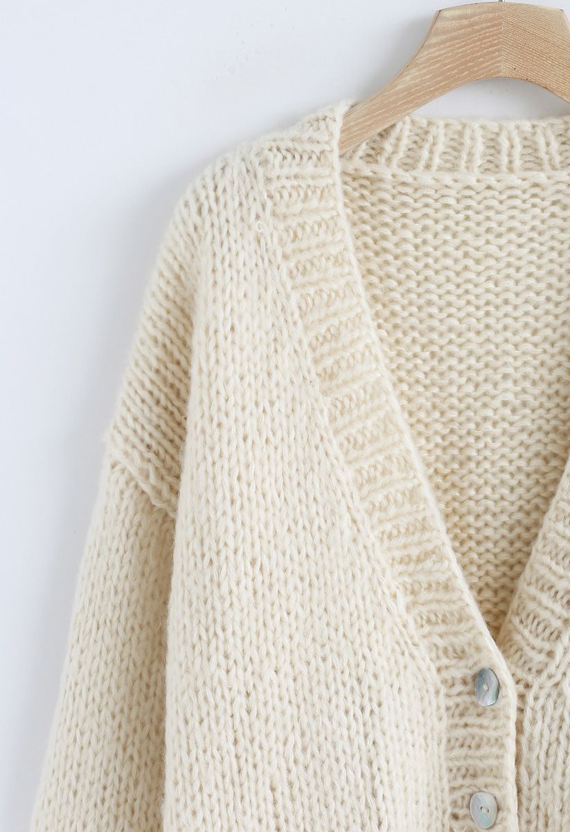 Pause for the Cozy Chunky Hand Knit Cardigan in Cream