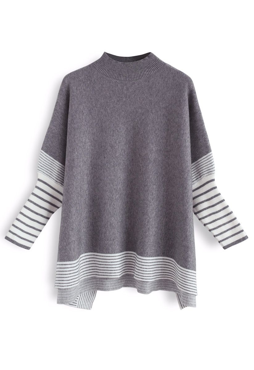 Lie in Grey Fields Striped Oversize Knit Cape Sweater