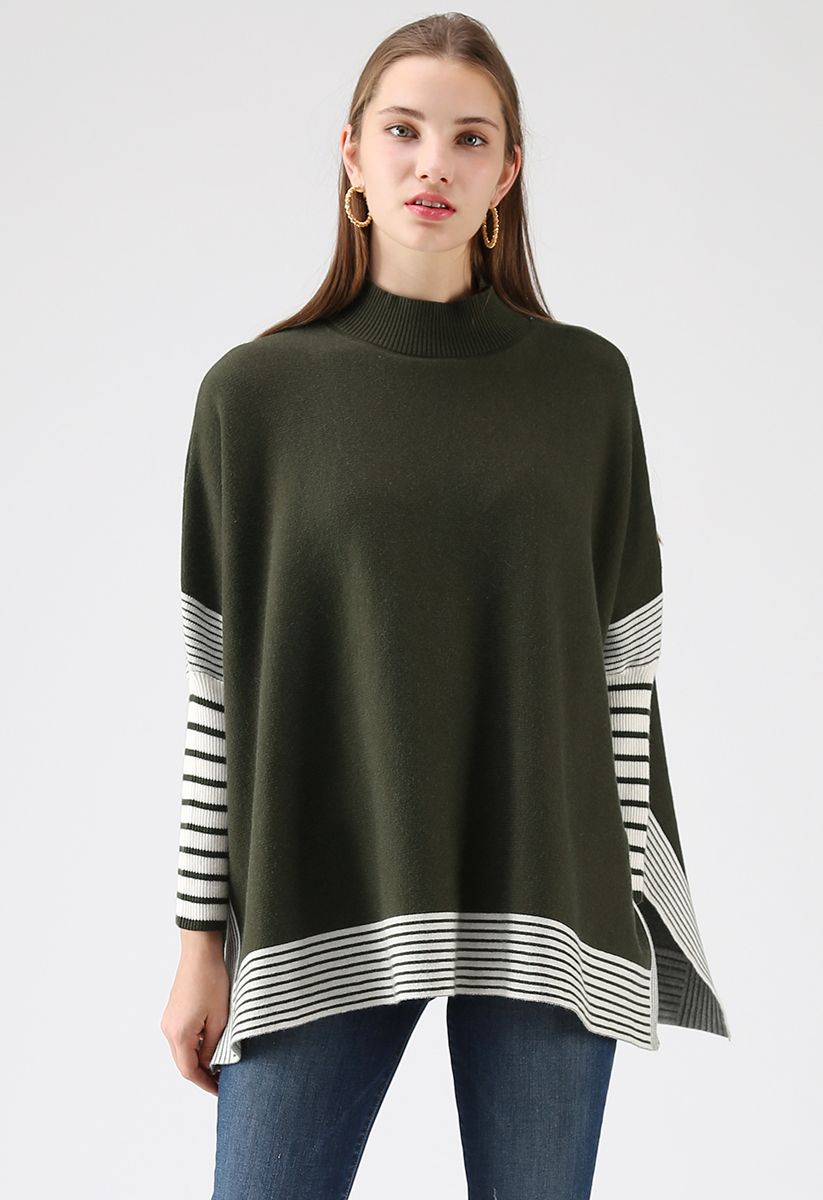 Lie in Olive Fields Striped Oversize Knit Cape Sweater