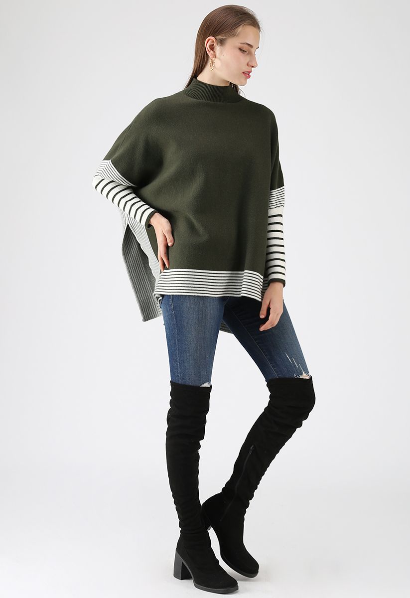 Lie in Olive Fields Striped Oversize Knit Cape Sweater