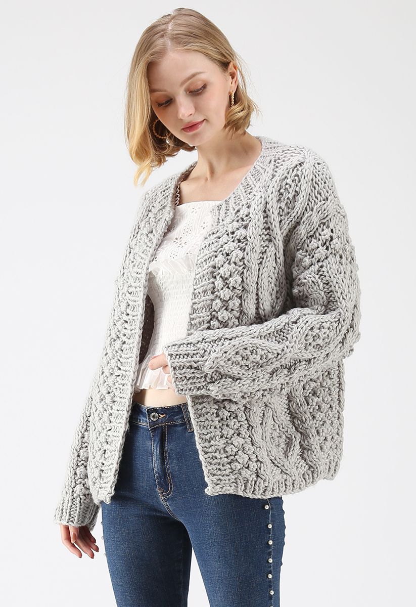 Wintry Morning Cable Knit Cardigan in Grey