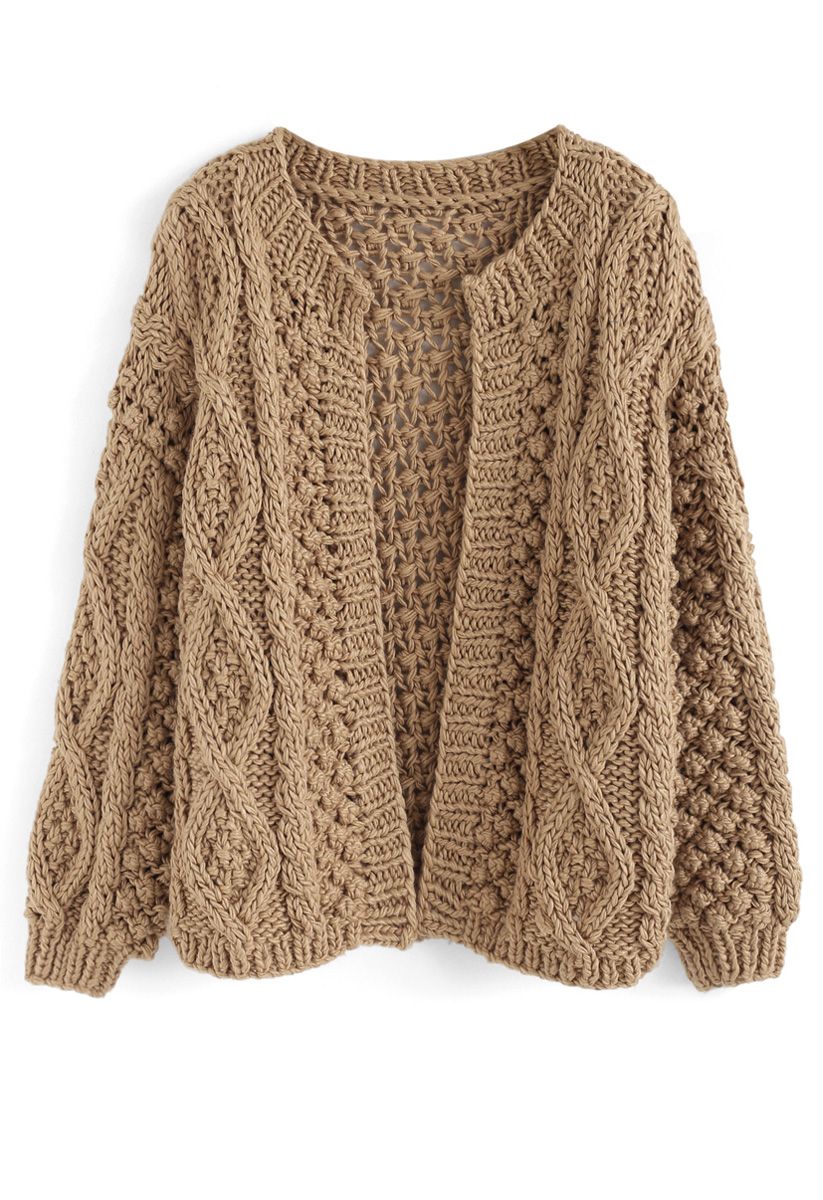 Wintry Morning Cable Knit Cardigan in Caramel