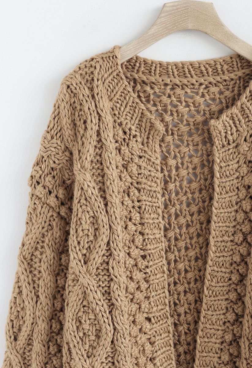 Wintry Morning Cable Knit Cardigan in Caramel