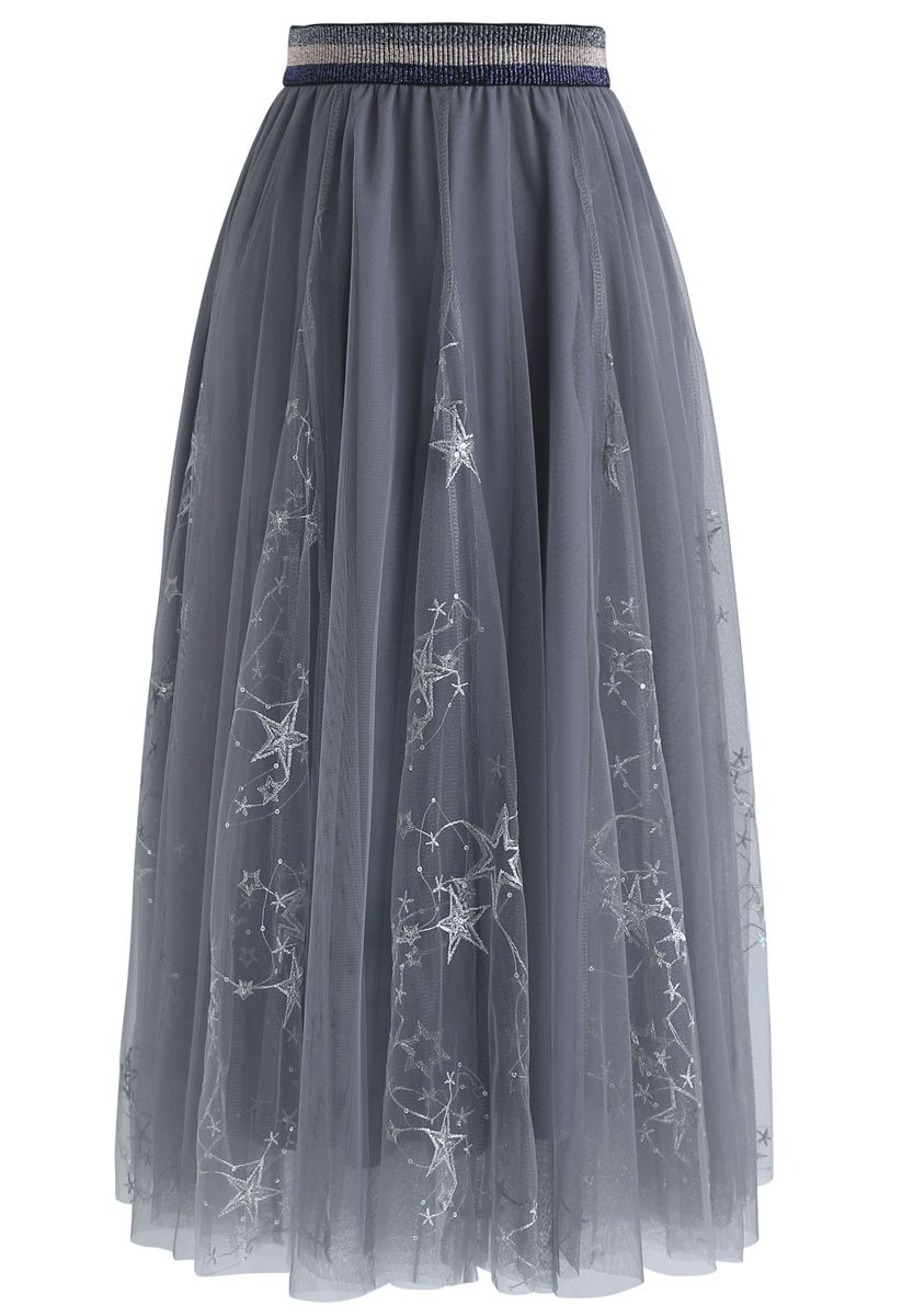 Dazzling Stars Tulle Midi Skirt in Grey