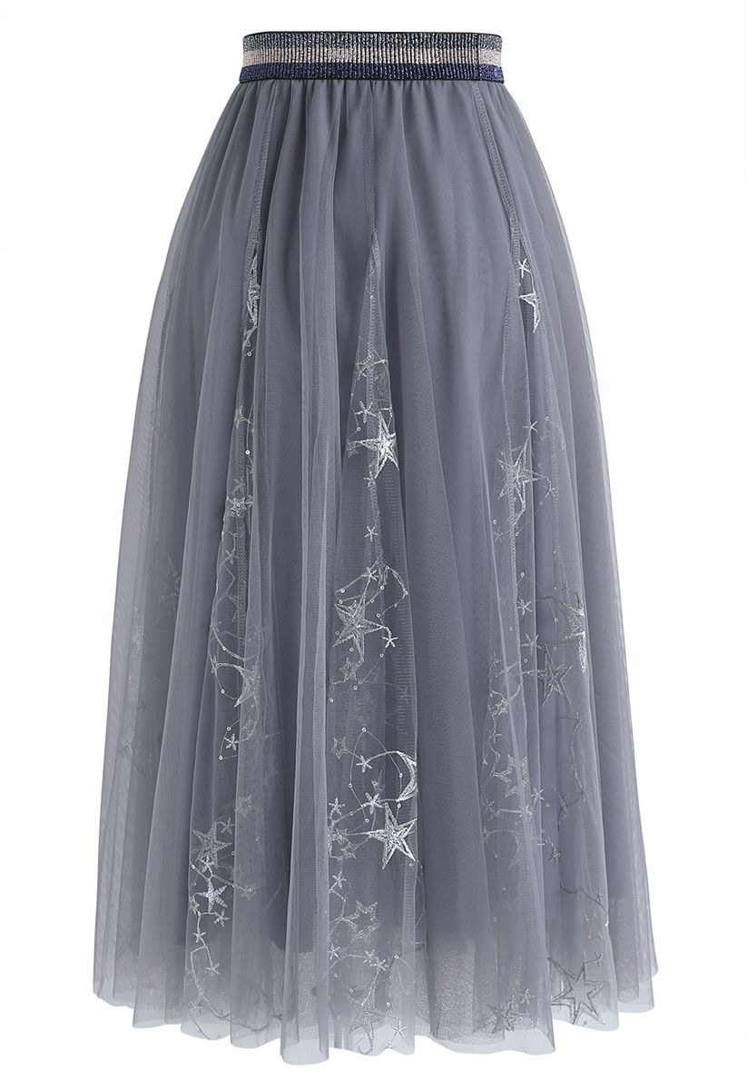 Dazzling Stars Tulle Midi Skirt in Grey