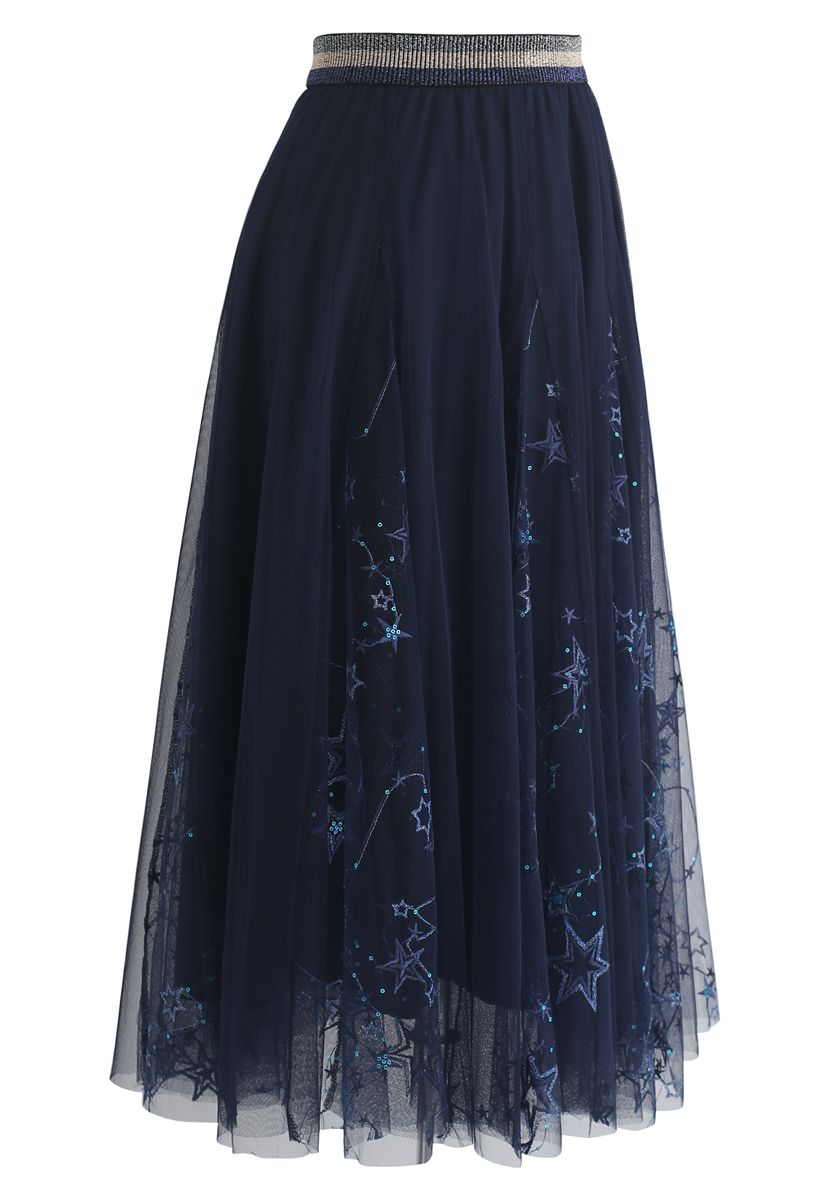 Dazzling Stars Tulle Midi Skirt in Navy