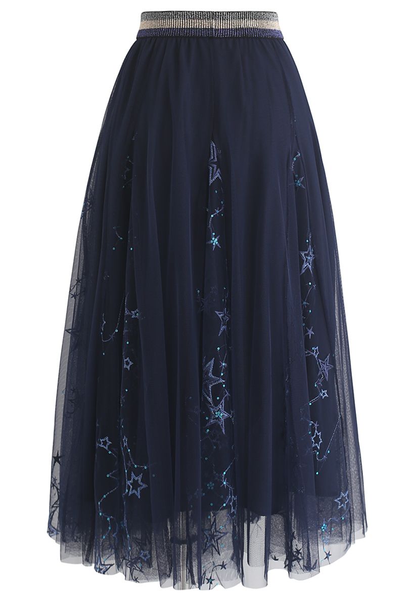 Dazzling Stars Tulle Midi Skirt in Navy