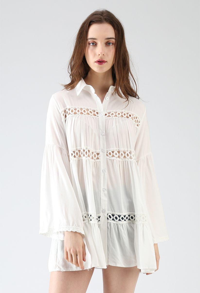 Hear the Breeze Crochet Cutout Tunic Shirt