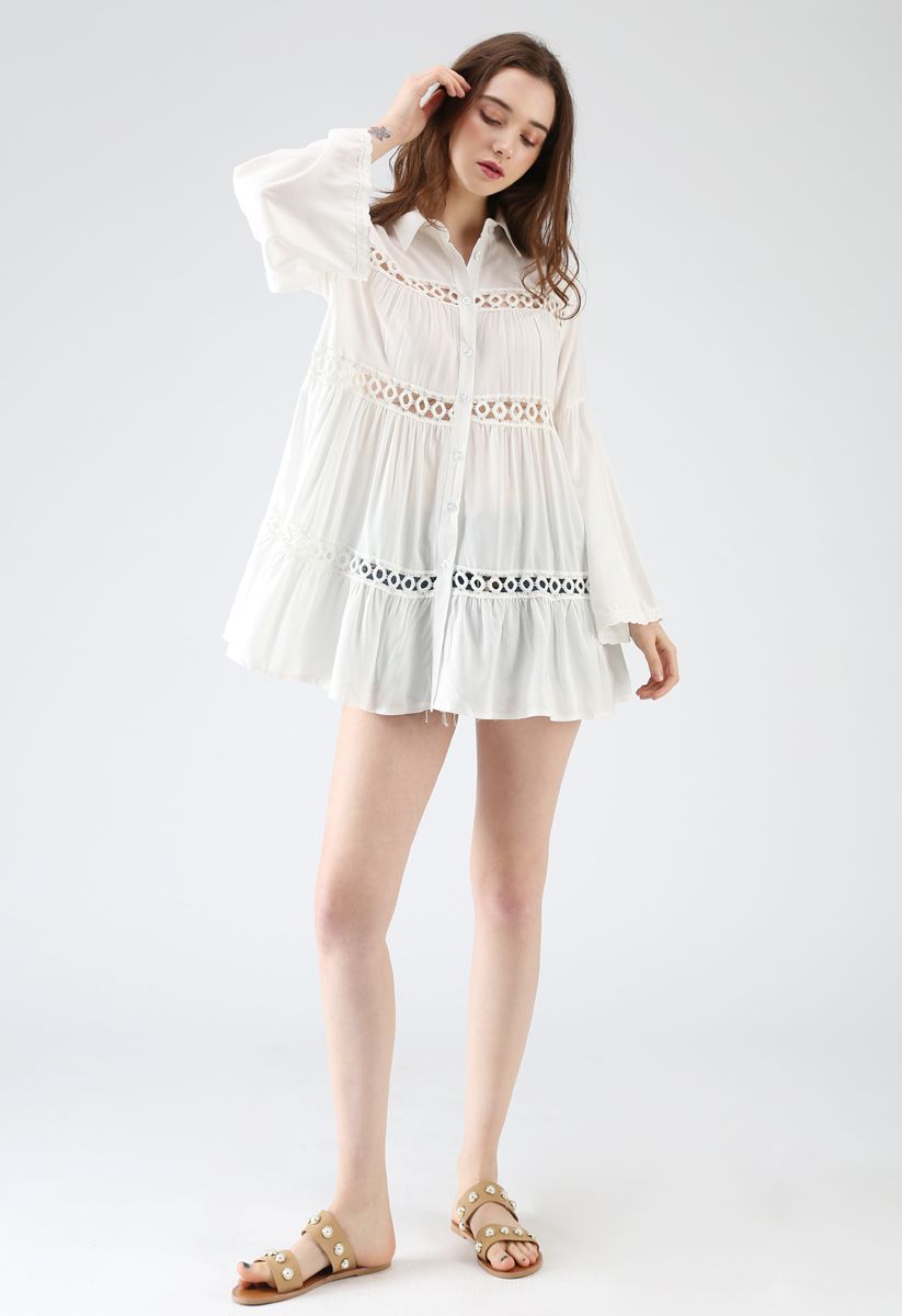 Hear the Breeze Crochet Cutout Tunic Shirt