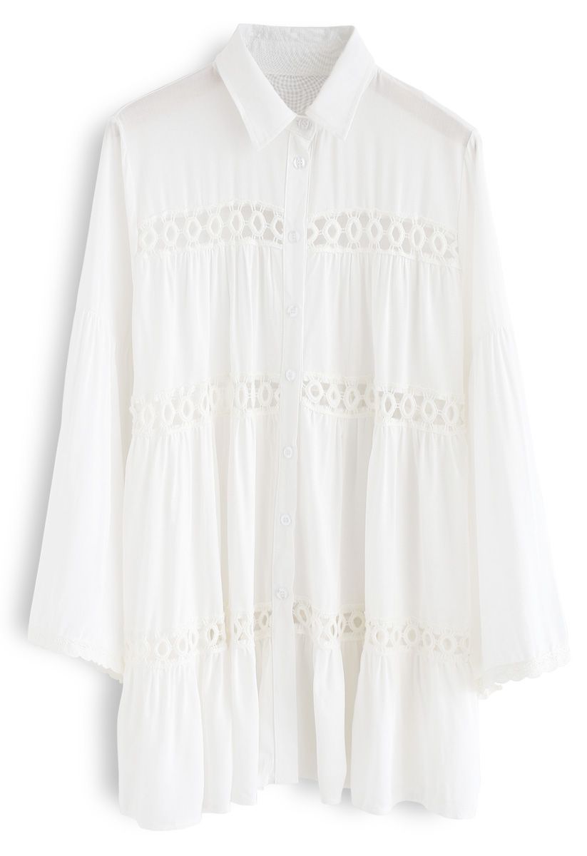 Hear the Breeze Crochet Cutout Tunic Shirt