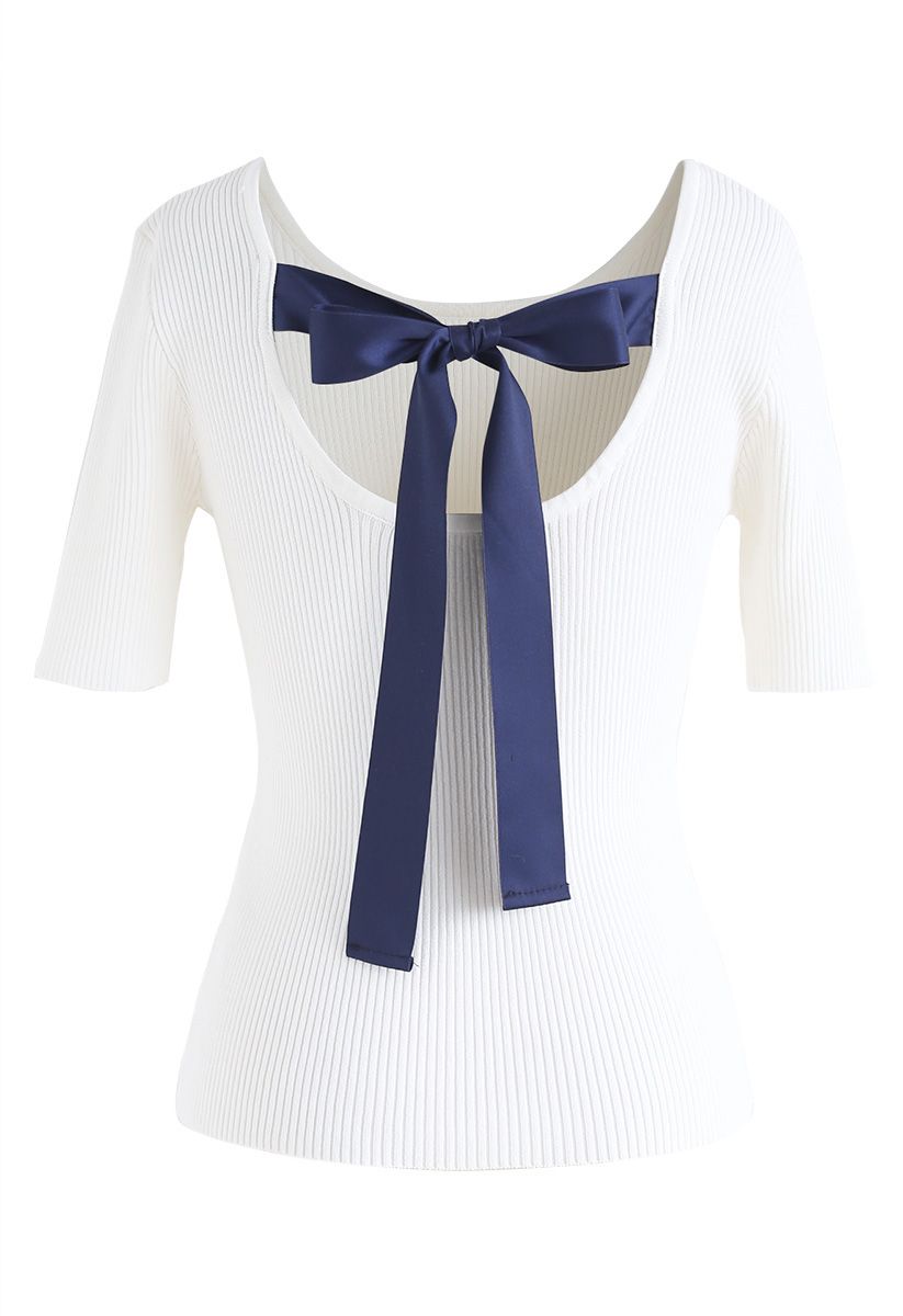 Just for Bowknot Cutout Knit Top in White