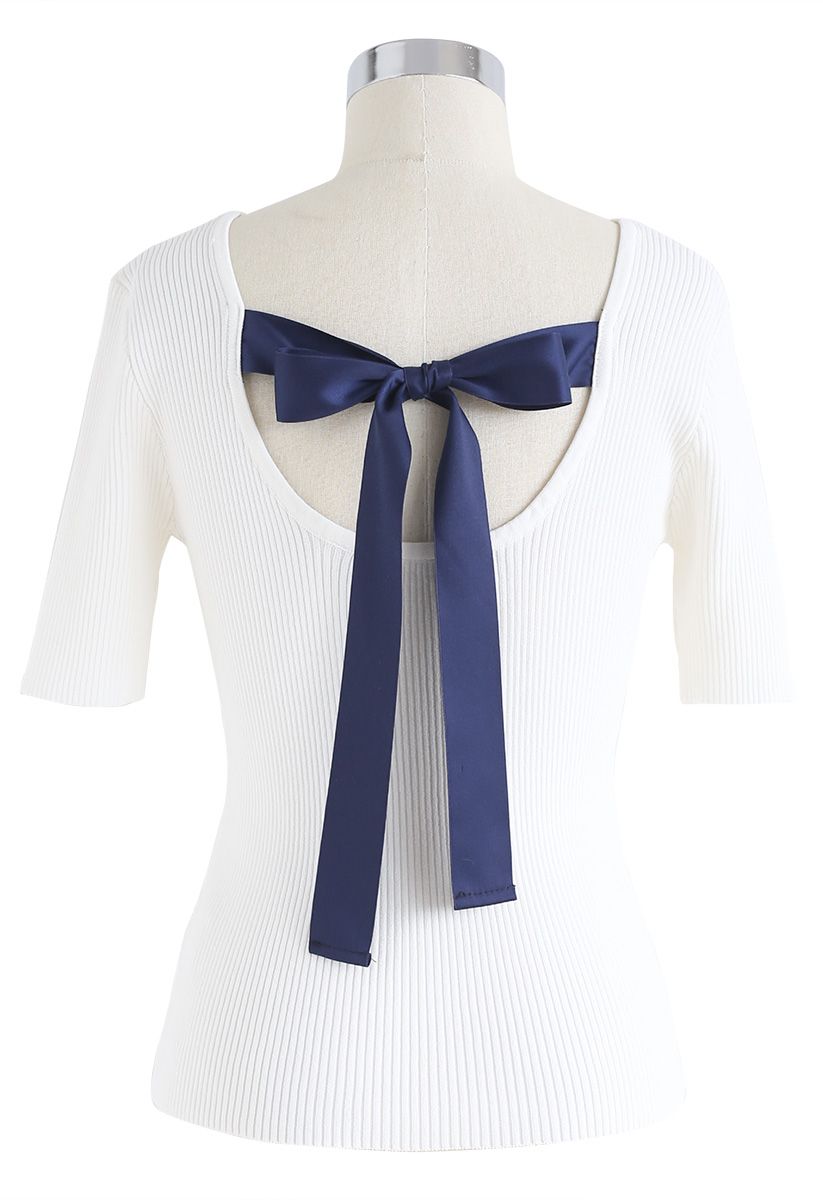 Just for Bowknot Cutout Knit Top in White