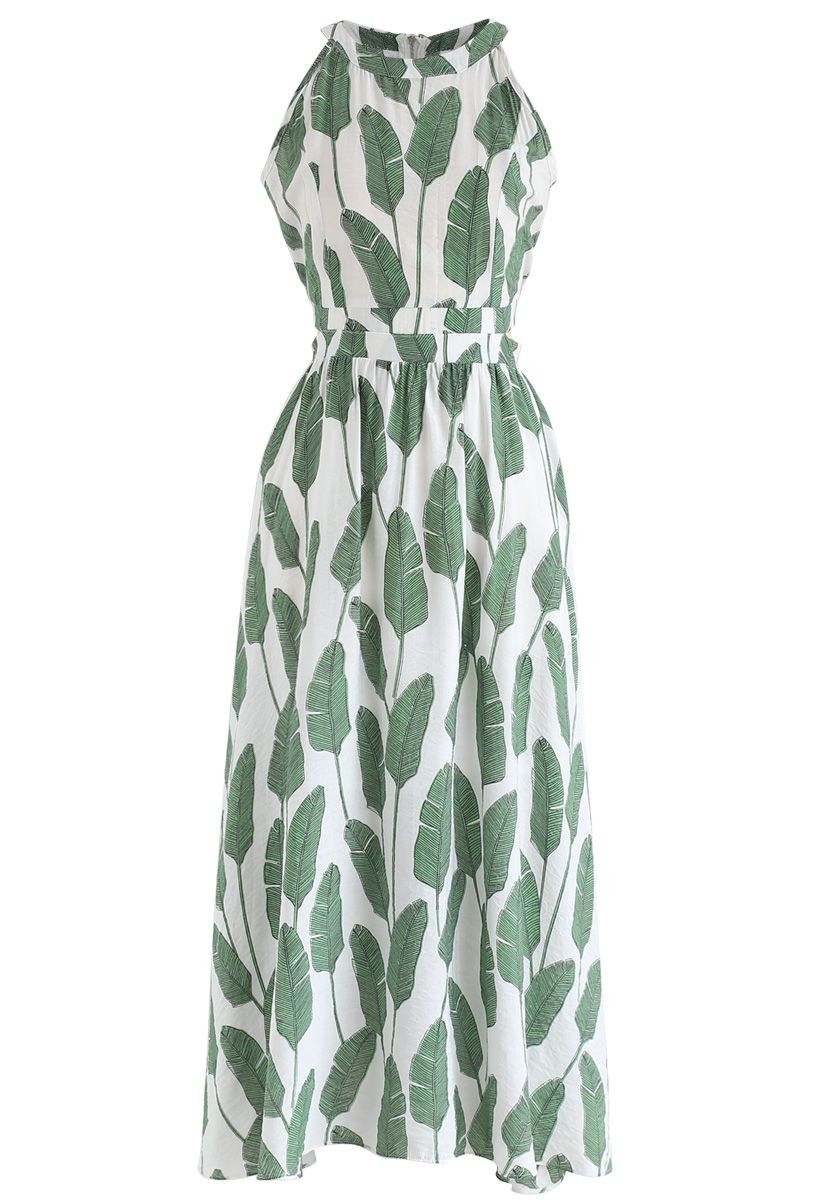 Summer Palm Leaf Print Halter Neck Maxi Dress in Green