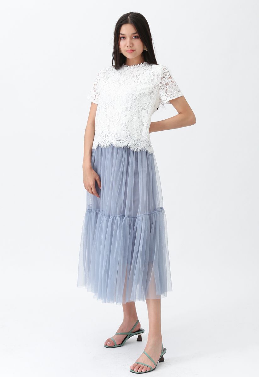 Can't Let Go Mesh Tulle Skirt in Dusty Blue