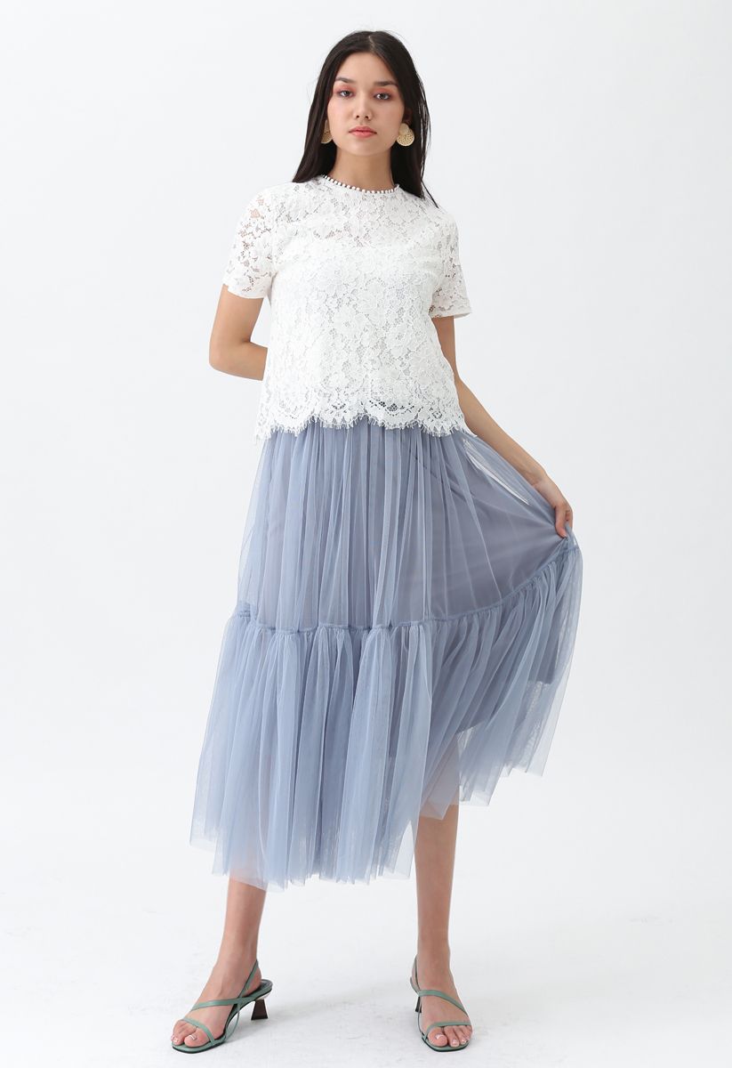 Can't Let Go Mesh Tulle Skirt in Dusty Blue