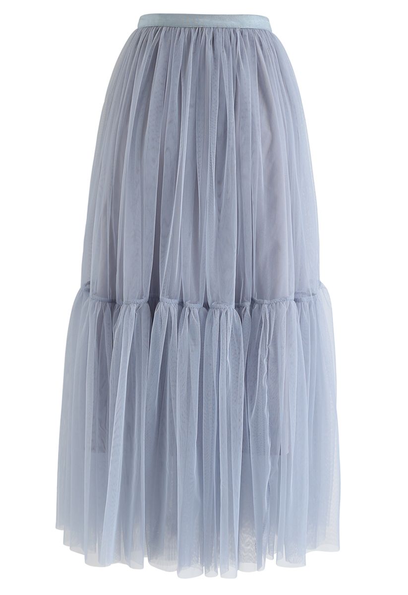 Can't Let Go Mesh Tulle Skirt in Dusty Blue