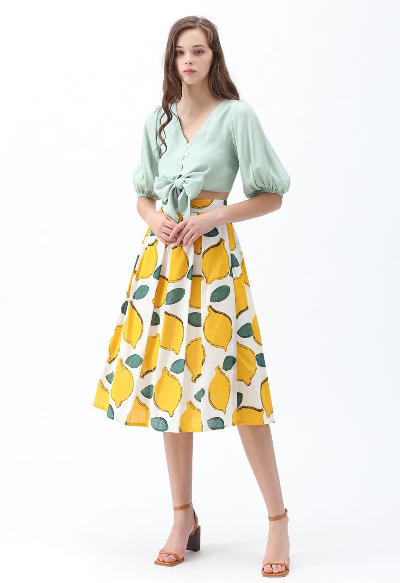 Summer Cool Lemon A-Line Midi Skirt 